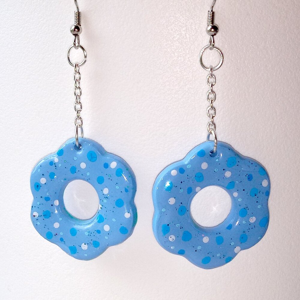 Handmade Blue Flower Shape Earrings with Polka Dots